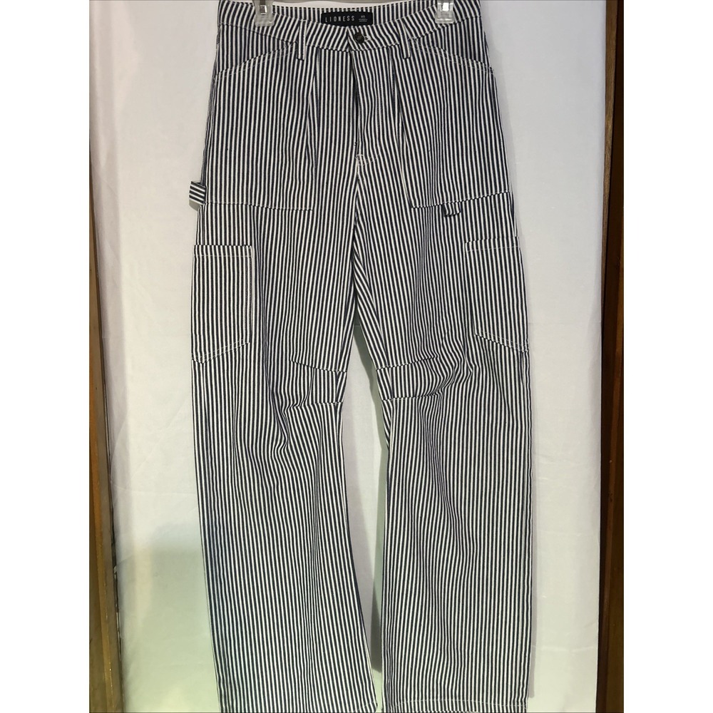 Lioness Women's Striped High-Rise Cargo Knee Dart Pants Wide Leg XS 31/31